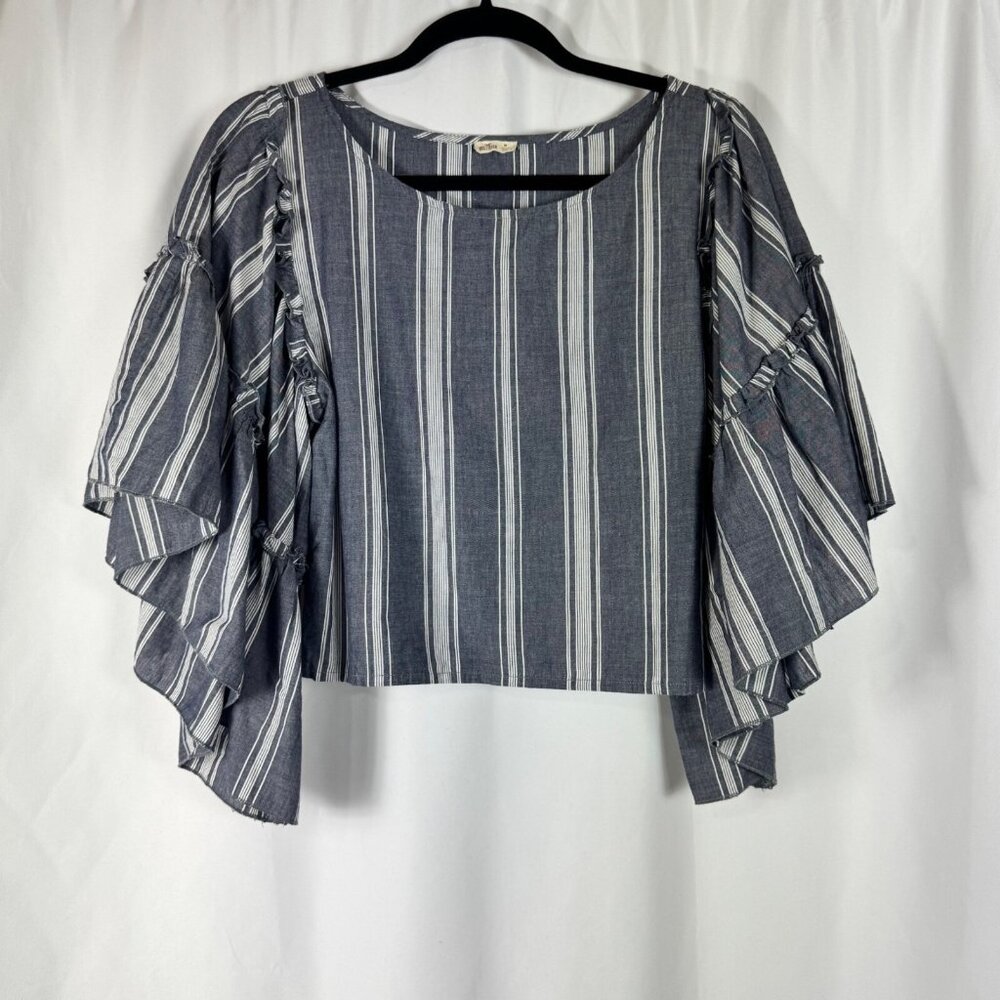 Hollister Y2K Blue & White Stripe Cropped Top Cotton Bell Sleeve Boho Festival M